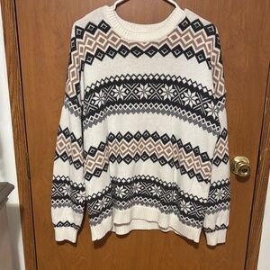 Geometric Patterned Sweater - Cream, Black, and Brown